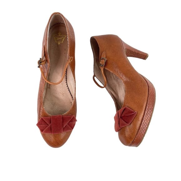 Miss Albright Shoes - *Vintage Miss Albright Mary Jane Heels Womens 10 Brown Rockabilly Velvet Bow